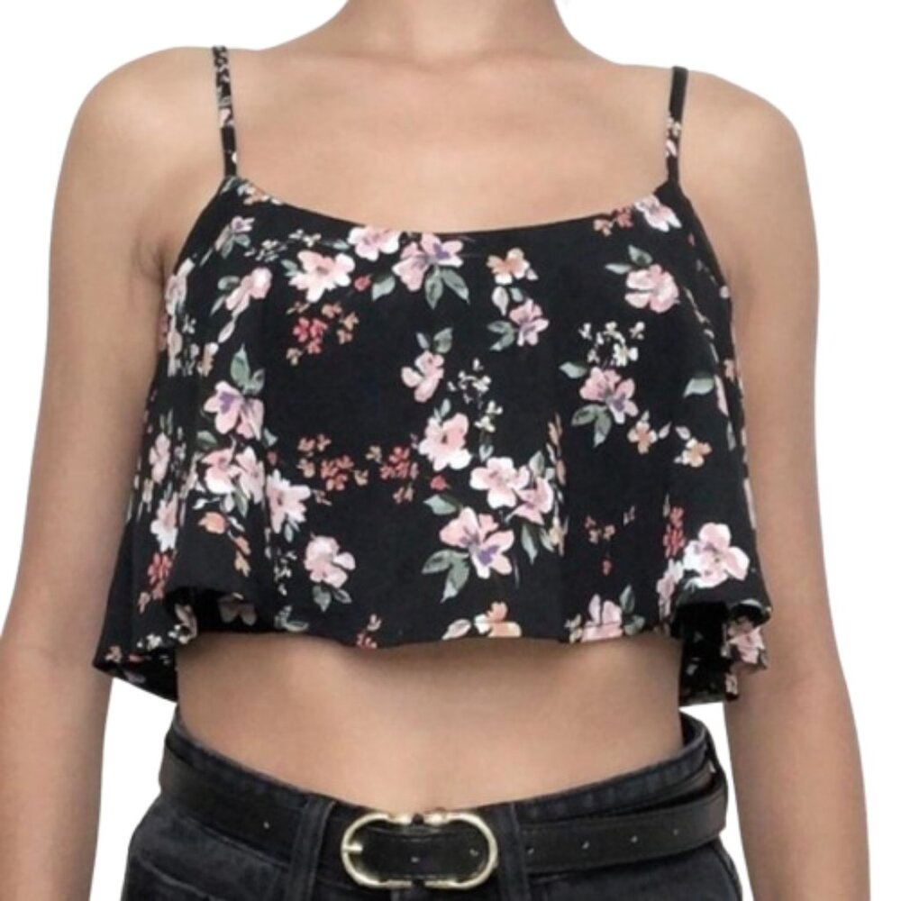 Forever 21 Black Floral Print Crop Top Ruffle Blouse Exposed